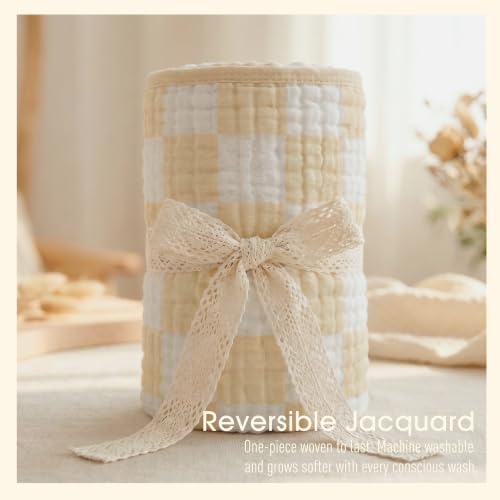 Image of Ultra Soft Muslin Baby Blanket - Made with Organic Cotton, Neutral Earth Tone Checkered Swaddle & Crib Quilt, 43x43 (Beige)
