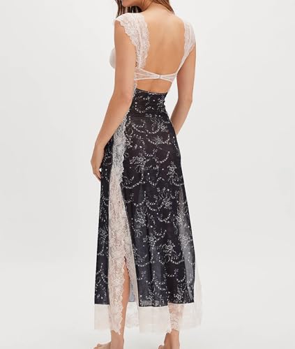 Image of Women Sexy Lace Patchwork Mesh Dress Floral Print Cutout Sweetheart Neck Backless Slit Summer Maxi Dress