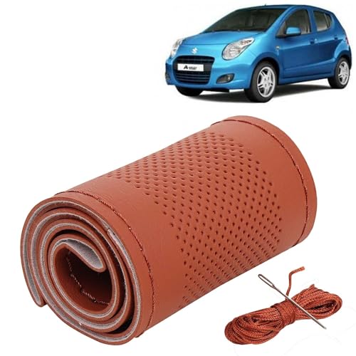 Image of KINGSWAY PU Leatherite Car Steering Cover Sewable Compatible with Maruti Suzuki A Star (Year 2008-2013), Tan Color with Tan Thread, Pack of 1 with Sewing Needle and Thread