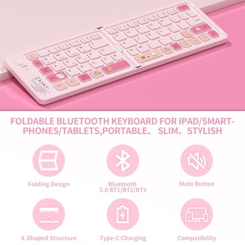 Image of jar-owl Foldable Compact Keyboard,Portable Bluetooth Keyboard, Pocket-Sized Wireless Travel Keyboards for iPad, Smartphone, Tablet and Laptop - Pink