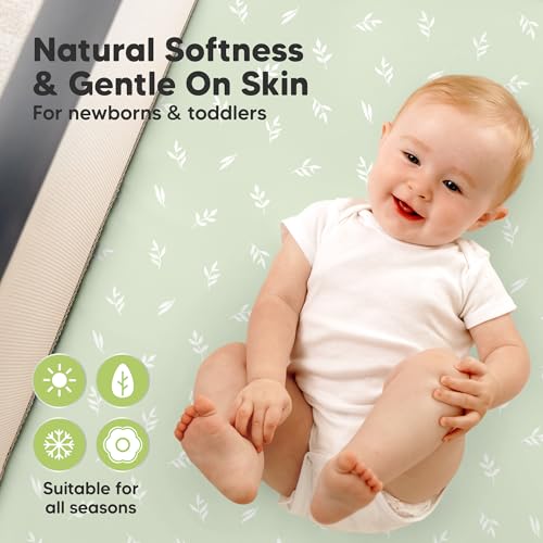 Image of 2 Pack and Play Sheets, Waterproof Mini Crib Sheets Fitted - 38x26 Organic Cotton Pack N Play Sheets for Graco Pack and Play Mattress, Playard Baby Crib Sheets, Neutral for Boy, Girl, Toddler (Herb)