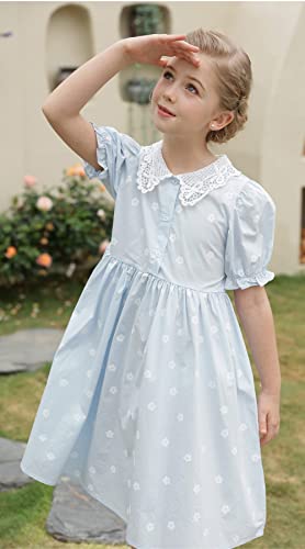 Smiling Pinker Girls Crochet Peter Pan Collar Dresses Floral Button Up Short Puff Sleeve Party Dress With Belt 3-10 Years(Blue,7 Years) #TOP7
