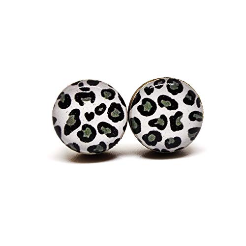 Stud Earrings, Animal Print, 10 mm, Handmade, Stainless Steel Posts for Sensitive Ears Studs for Women Men Girls (Black, White, & Grey Snow Leopard)