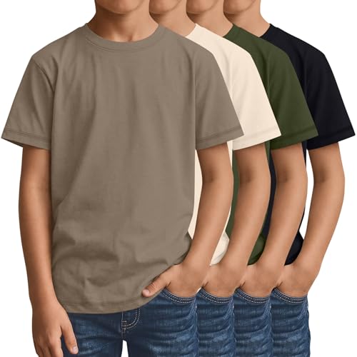 Mumucove 4 Pack Boys Short Sleeve T-Shirts 5-16 Years Crew Neck Layering Kids Casual Tops Basic Summer Loose Fit Shirts Tees(Khaki Apricot Army Green Black 9-10 Years)