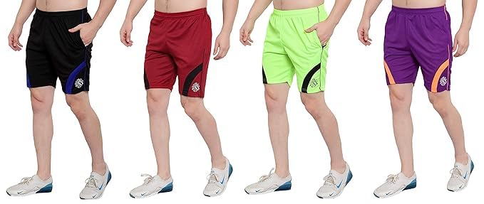 Image of Dia A Dia Men's Polycotton Running Sports Gym Shorts Pack of 4 Black Parrot Red Purple