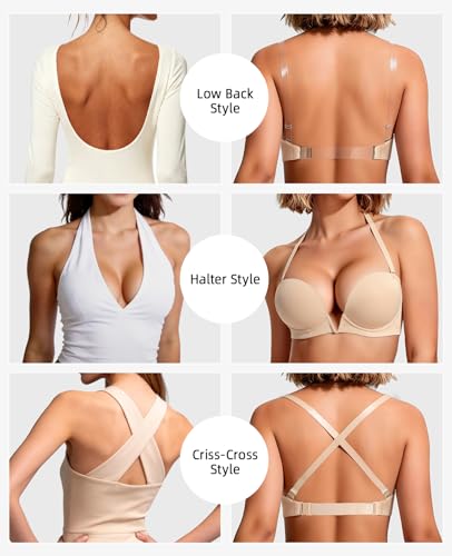 Image of YANDW Low Back Bra with Clear Straps and Back Deep V Plunge Push Up Low Cut Bras Underwire Add Two Cup