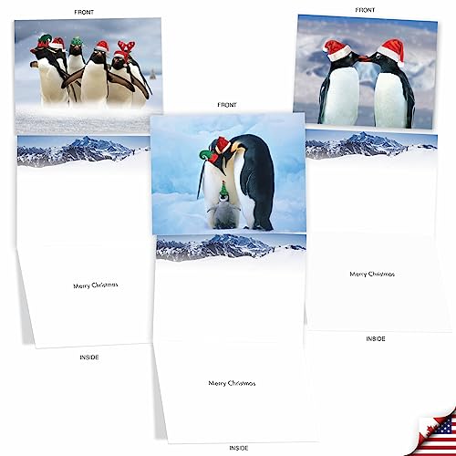 Image of The Best Card Company - 10 Blank Animal Christmas Note Cards - Assorted Bulk Holiday Cards for Men and Women, Fun Wildlife (4 x 5.12 Inch) - Penguins and Greetings M2951XSB