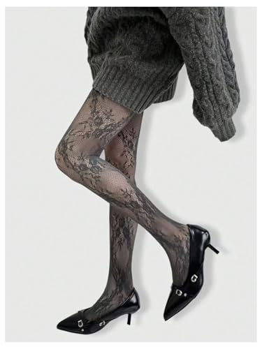 Image of RoseSeek Women's Floral Lace Fishnet Tights Kawaii Y2K See Through Stocking | Sheer Mesh, Lace Tights, Floral Lace Fishnet Tights, Thigh Highs, Leggings, Y2K Stockings