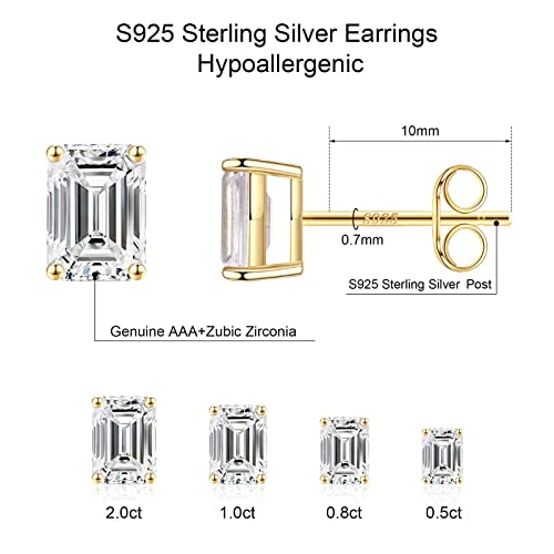 Stud Earrings For Women, S925 Sterling Silver 14K Gold Plated Hypoallergenic Stud Earrings Emerald Cut Cubic Zirconia Sterling Silver Stud Earrings For Women Girls Men #TOP1