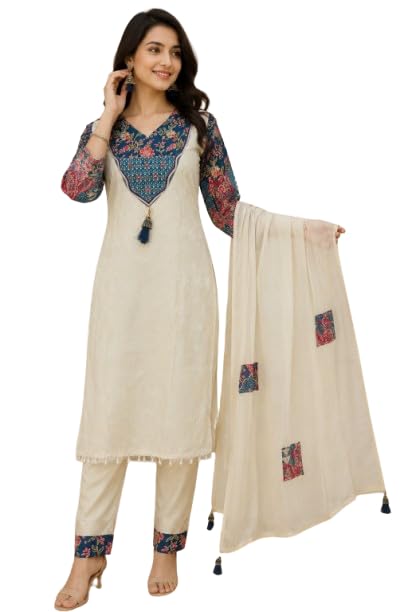 Elevate your ethnic wardrobe with this elegant off-white straight kurti set featuring a beautifully embroidered floral yoke and full printed sleeves.-image-49