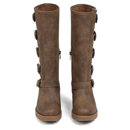 Image of AMINUGAL Knee High Boots Women Square Toe Pull On Wide Calf Riding Fashion Buckles Chunky Metallic Casual Vintage Buckle Rivet