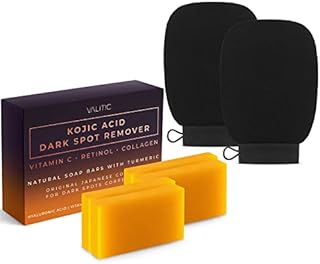 VALITIC 4 Pack Kojic Acid Dark Spot Remover Soap Bars with Vitamin C, Retinol, Collagen, Turmeric - Original Japanese Complex with Hyaluronic Acid & A Pair of Black Exfoliating Gloves for Body Scrub