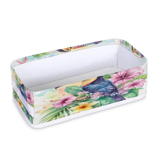 Tablerazzi Toilet Tank Topper Paper Basket with Handle, Toucan Bathroom Storage Basket for Organizing, Tropical Flower Plant Small Fabric Storage Bins for Bathroom Decor