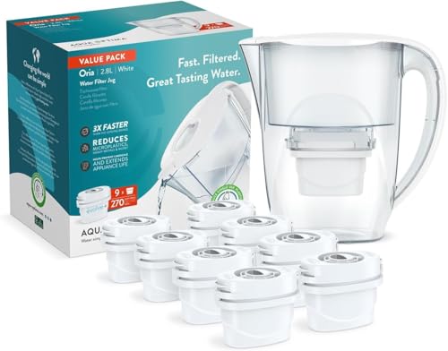 Aqua Optima Oria Jarra de Filtro de Agua y 9 Cartuchos de Filtro de Agua Evolve+ de 30 Días, Capacidad de 2,8 litros, Para la Reducción de Microplásticos, Cloro, Cal e Impurezas, Blanco