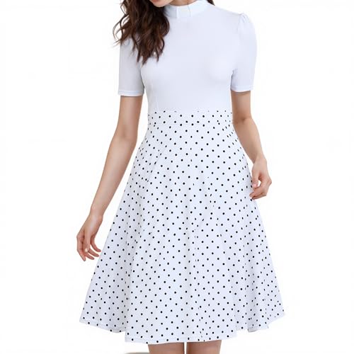 Image of CAMDOM Church Clergy Dress for Women Short Sleeve Polka Dot A Line Elegant Dress with Tab Collar
