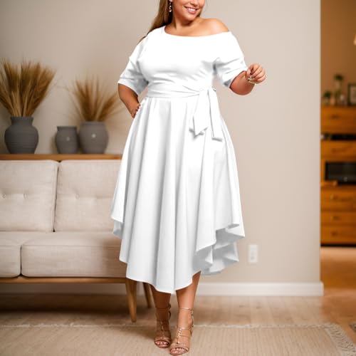 Image of Plus Size Women Wedding Guest Dress Off Shoulder Boat Neck Irregularly Flowy Midi Church Dress