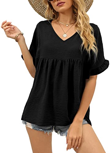 WIHOLL Womens Tops Casual V Neck Ruffle Sleeve T Shirts Babydoll Loose Fit Peplum Tops