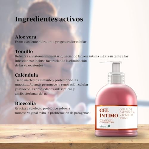 Ebers Gel Higiene Íntima para Mujer (Con Aloe, Caléndula y Tomillo) - 250 ml - Uso Diario con Prebióticos - Calmante, Refrescante y Antiséptico - Ayuda al Equilibrio del pH Genital - imagen 5