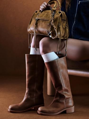 Coutgo Women's Knee High Boots Square Toe Chunky Block Heel Tall Boots Comfortable Low Heel Shoes2