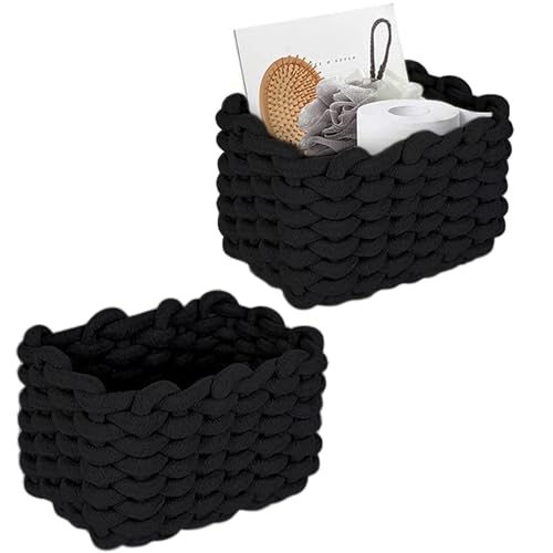 Panier Rangement, 2 pcs Boîte de Rangement en Corde, 19x15x12cm Boîte de Rangement, Petit Panier Tressé, Paniers de Décoration, pour Salon, Maquillage et Salle de Bain(Noir)