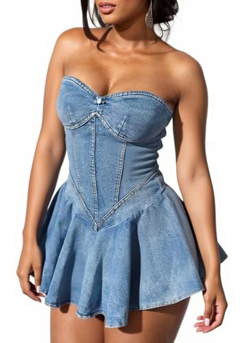 Image of Kwunbwa Women's Strapless Denim Dress Sexy Off Shoulder Corset Tube Pleated A Line Summer Mini Jean Dresses Clubwear