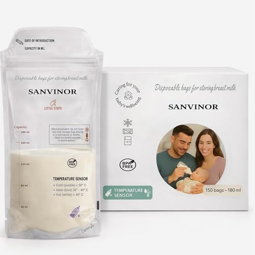 150 Bolsas de Almacenamiento de Leche Materna Sanvinor. Bolsas Desechables antifugas de 180 ml con Sensor de Temperatura, Libres de BPA, Aptas para Refrigeración y Congelación