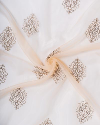 Image of (7 ft Sheer Tissue with Embroidery Damas Design|Grommet Curtains Window Long Curtain|Tissue Fabric Window Single Curtain (Golden&Light Brown) for Home|(Pack of 1) 213 LX121 W cm