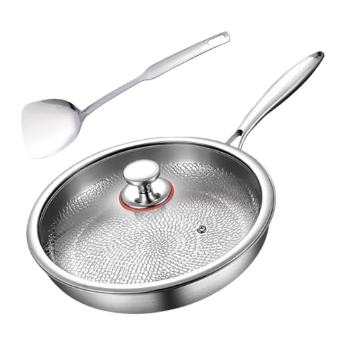 Titanium Hammered Pan Pro, Sartenes Antiadherentes Con Tapa, Sarten Titanio Puro, Sartenes Acero Inoxidable Sin Revestimiento, De Titanio Martilladas Con Escamas Pescado, Fondo Plano, Con Pala, 28cm