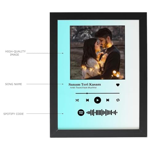 Image of Personalized Premium Print Wall Mount Rectangular Music Frame With Photo Upload|Scannable Spotify Song Link Qr Code Frame With Your Photo|Wooden Framed With Plaxiglass-Turquoise&White-10X15 Inch
