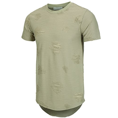 KLIEGOU Mens Hipster Hip Hop Ripped Round Hemline Hole T Shirt(1705) (XX-Large, Green)