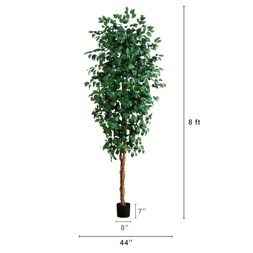 Image of Nearly Natural 8ft Triple Trunk Artificial Ficus Tree with Natural Wood Trunks, Fake Tree for Indoor Home Decor, Faux Ficus Tree with Black Nursery Pot