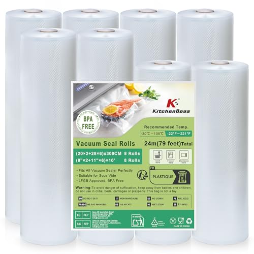 KitchenBoss Bolsas Envasar al Vacio Alimentos：Bolsas Vacio Alimentos 8 Rollos 20x2/28x6/300 cm, Sin BPA, Rollos Envasadora al Vacio para Conservación de Alimentos