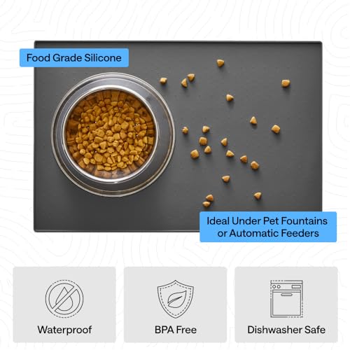 Image of GORILLA GRIP 100% Waterproof Raised Edge BPA Free Silicone Pet Feeding Mat, Dog Cat Food Mats Contain Spills Protects Floors, Placemats for Cats and Dogs Water Bowl, Pets Accessories 16x10, Charcoal