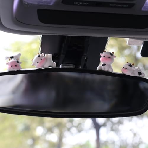 6 Pcs Mini Cows Car Accessories, Cow Print Dashboard Decorations & Rear View Mirror Ornaments, Cute Car Decor for Women Girl