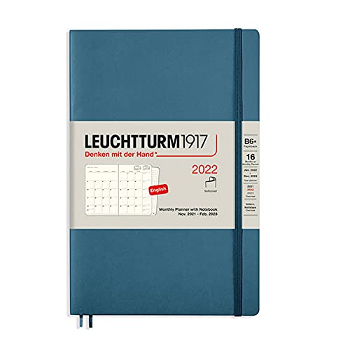 LEUCHTTURM1917 - Paperback B6+ - Softcover Monthly Planner & Notebook (Stone Blue) - 2022, English