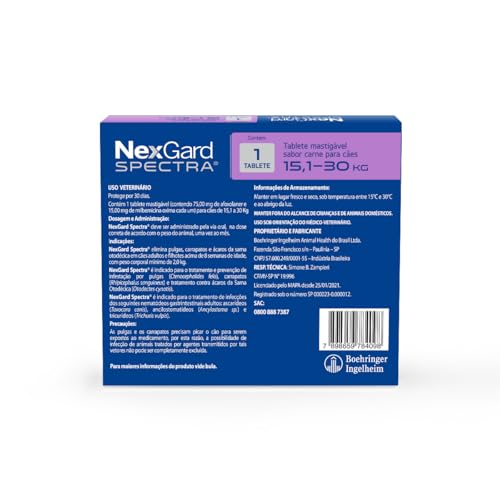 NexGard Spectra Antipulgas e Carrapatos e Vermífugo para Cães de 15,1 a 30kg - 1 tablete