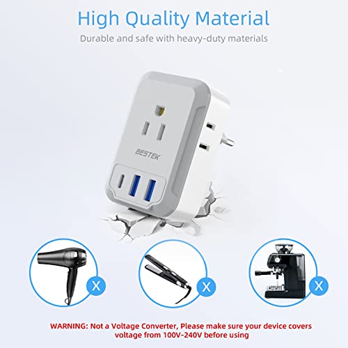 BESTEK European Travel Plug Adapter with USB Charging Ports (1 PD 20W), International Type C Power Adapter for US to Most of Europe EU Italy France Spain Germany Greece
