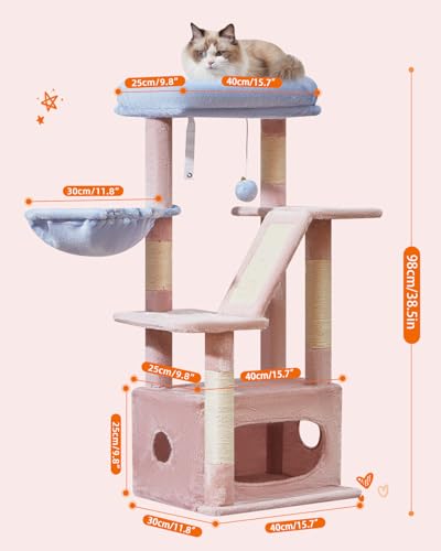 Image of Taoqimiao Cat Tree,38.2-Inch Cat Tower for Indoor Cats,Suitable for Kittens with Luxurious cat condo with Adjustable Baskets and Luxurious Perch MS029SPB Pink and Blue