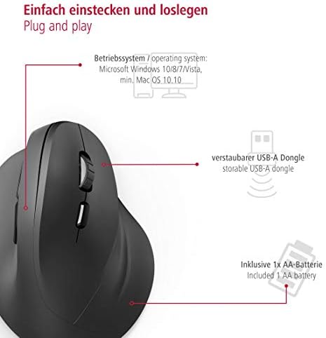 Hama 182699 ergonomic wireless mouse (vertical mouse without cable for right-handers, wireless mouse with optical sensor 1000/1400/1800dpi) black, USB Type-A plug, AA Mignon battery