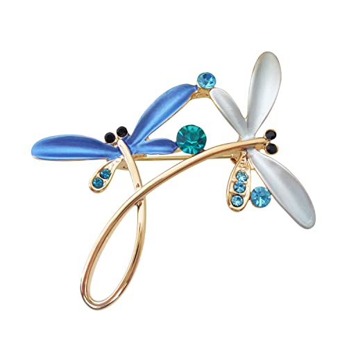 Image of Navachi 18k Gold Plated Multicolor Enamel White Crystal Double Dragonfly Wings Brooch Pins