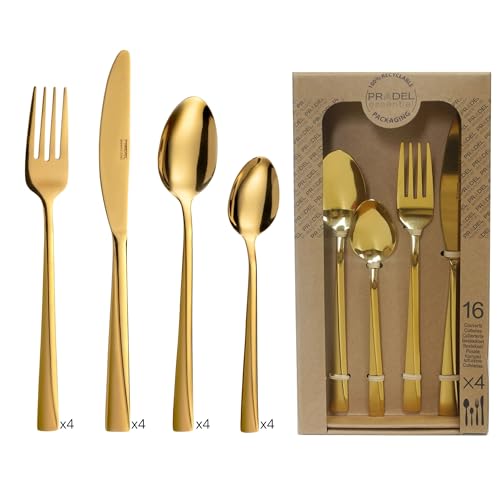 PRADEL ESSENTIEL - Ménagère 24 couverts de table pour 6 personnes - Absolu - Acier Inoxydable 18/0, Finition Standard et sablée + revêtement PVD - Doré (Epaisseur 2 mm)