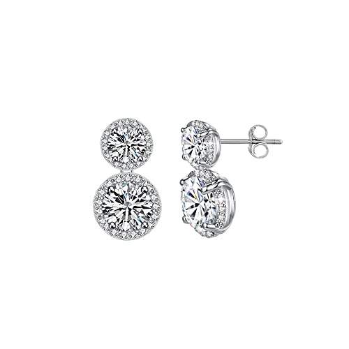 Savlano 14K White Gold Plated 6MM /10MM Round Cubic Zirconia Halo Double-Drop Stud Earrings, Comes with Gift Box for Women2