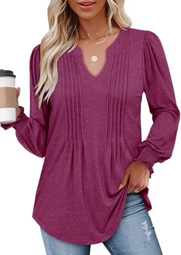 BETTE BOUTIK Long Sleeve Shirts for Women Fall Tops Dressy Blouses Pleated V Neck Tunic Tops for Leggings S-3XL