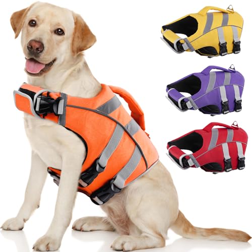 Kuoser Dog Life Jacket with Reflective Stripes, Dog Life Vest for Swimming Boating, Adjustable Pet Lifejackets with High Flotation, Doggie Swimsuit for Small Medium Large Dogs