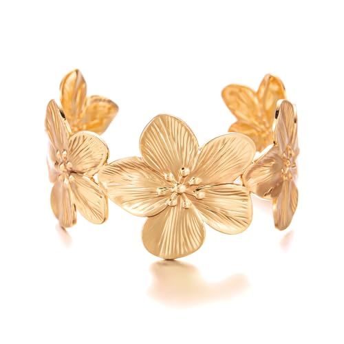 CJIAYUJEW Chunky Golden Flower Bracelet Vintage Gold Butterfly Bracelet Gold Declaration Flower Open Cuff Bracelet for Women Fashion Jewelry