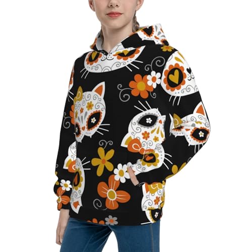 Cat Skulls and Flowers Kid Hoodies Boys Sweatshirts Girls Pullover with Pocket2