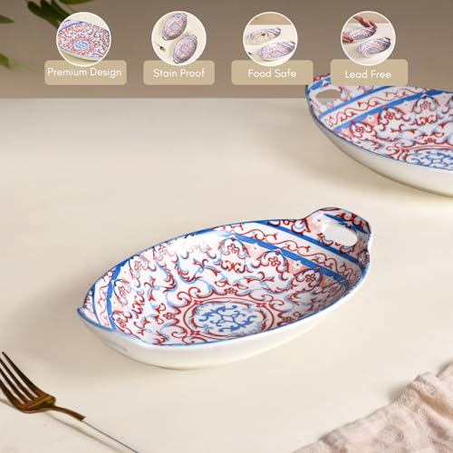Image of Nestasia Set of 2 Red and Blue Mandala Design Ceramic Serving Dish with Handles for Snacks, Appetizers, Salads, and Noodles| Microwave Safe, Dishwasher Safe (10.8 Inch)