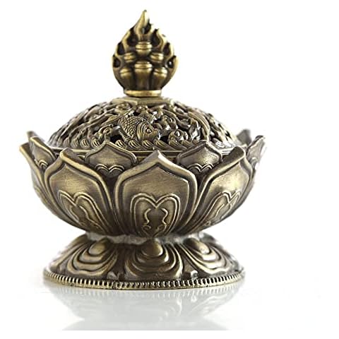 Lotus Incense Burner, Chinese Style Zinc Alloy Holder Bowl Round With a Windproof Lid Suitable for Cone/Charcoal /Roll Incense, Home Office Decoration Gift, XL001 Cover