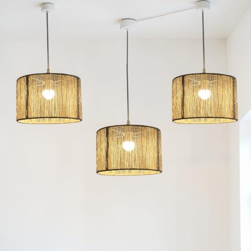 Kit 3 Luminárias Pendentes Rústicas em Fibra Natural | Lustre Artesanal para Sala de Jantar, Cozinha ou Área Gourmet | Iluminação Decorativa