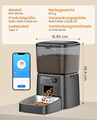 oneisall 3.5L Futterautomat Katze, WiFi Intelligenter Katzenfutter Automat, APP-Steuerung, 1-10 Mahlzeiten pro Tag, Futterspender für Katzen/Hunde, mit Edelstahlnapf